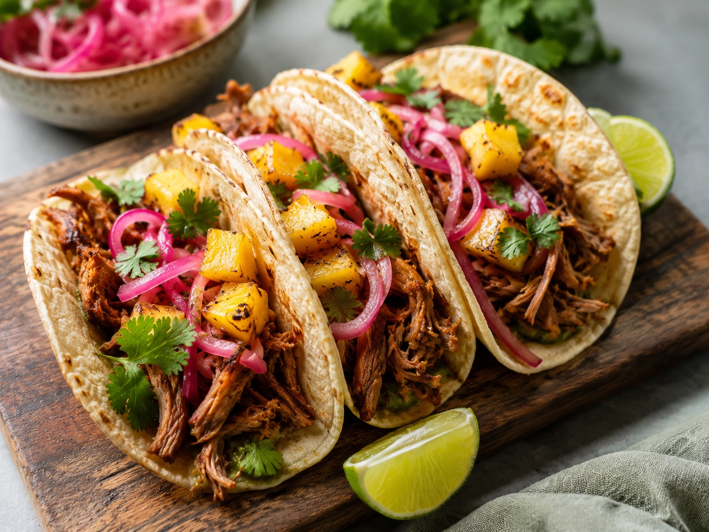 Pulled pork taco med ananas og syltet løk