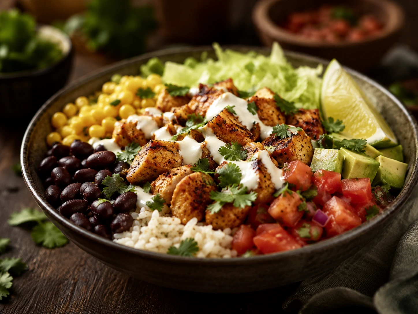 Taco bowl med kylling, bønner og rømme