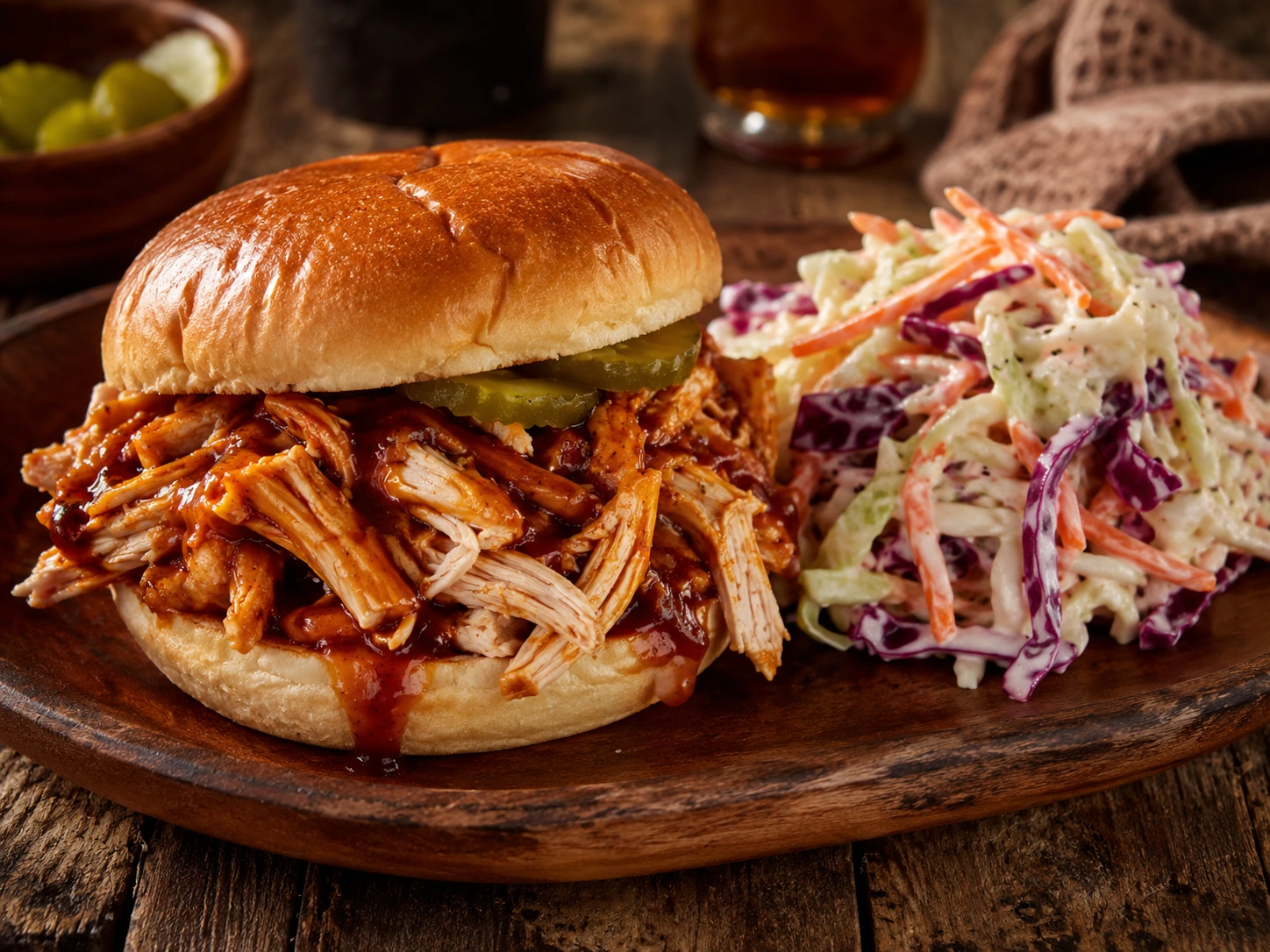 Pulled chicken med BBQ og coleslaw