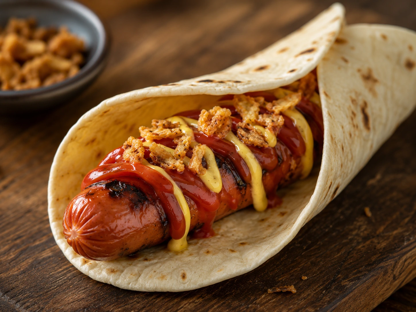 Potetlompe med grillpølse og sennepsdressing