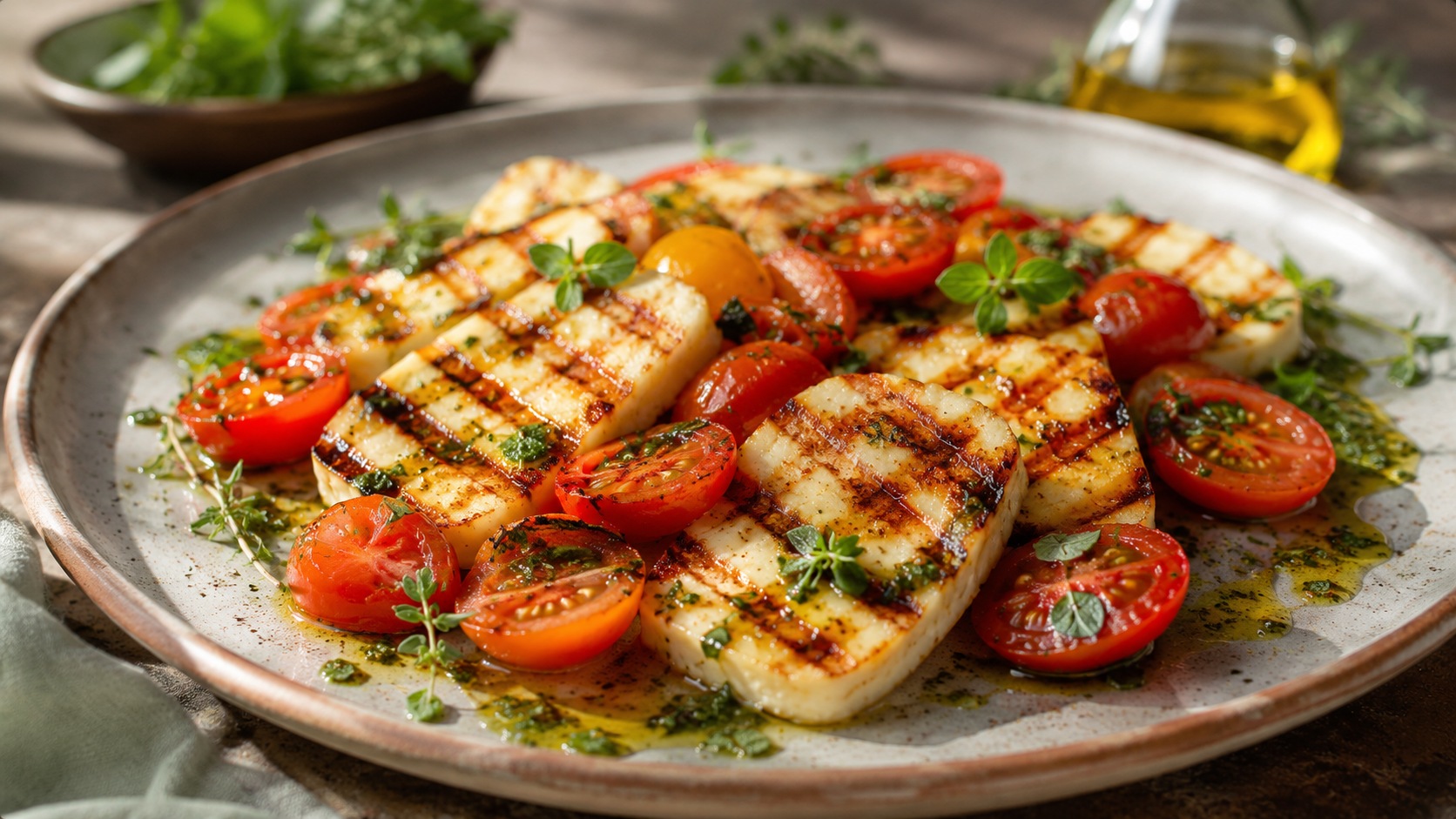 Grillet halloumi med tomat og urteolje