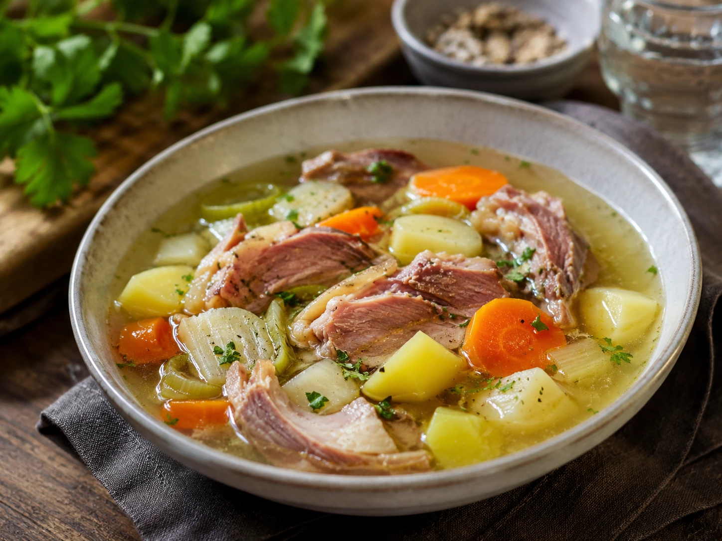 Klar sursøt kjøttsuppe på svineknoke og grønnsaker