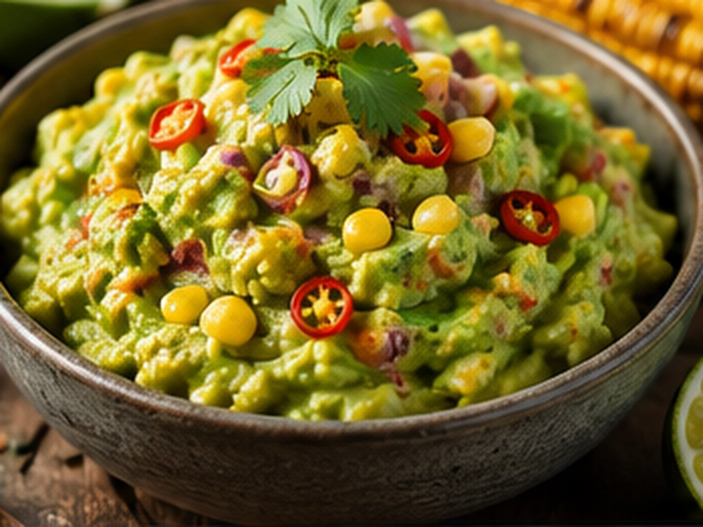 Røkt guacamole med grillet mais, hvitløk og chili