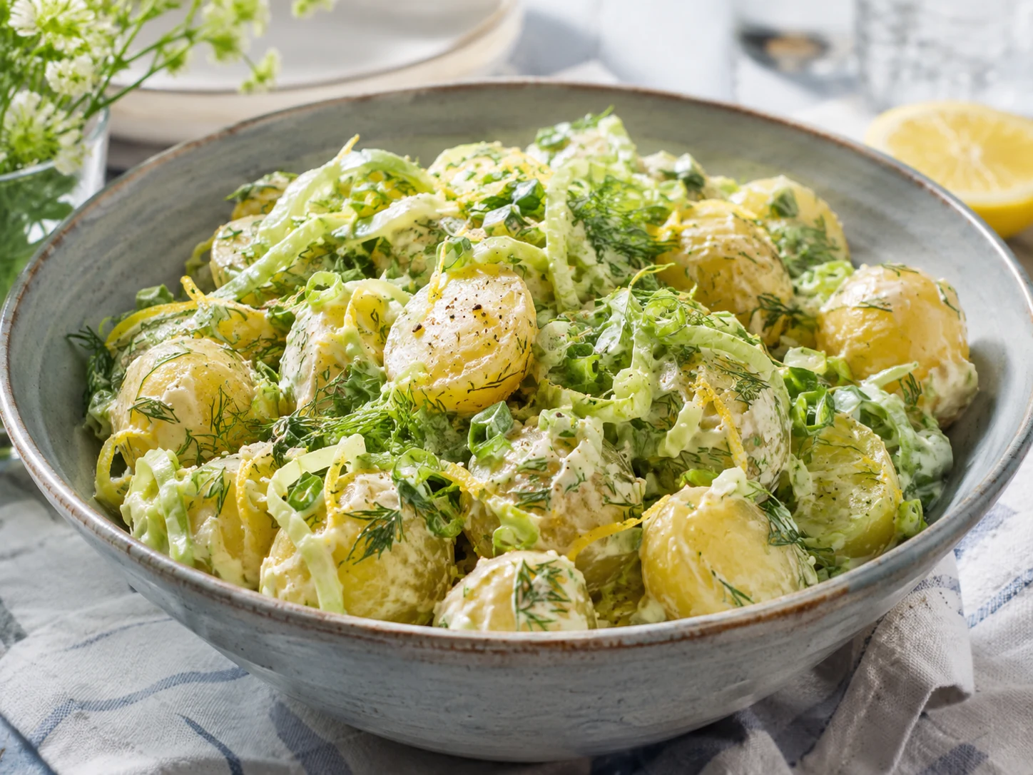 Kremet potetsalat med dill, purre og vårløk